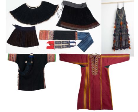 THREE VINTAGE ETHNIC CHINESE (MIAO) PLEATED SKIRTS, A JACKET, A BEADED SCARF, AN EMBROIDERED SCARF A SILK AND COTTON KAFTAN O