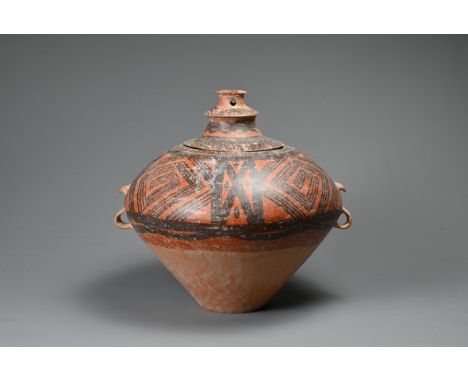 A LARGE CHINESE NEOLITHIC STYLE PAINTED POTTERY JAR AND COVER. With two lug handles below two spurs and a tiered cover. Decor