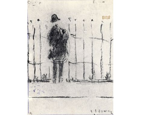 CIRCLE OF LAURENCE STEPHEN LOWRY (1887-1976) - Man in coat and hat standing beside railings, pencil study with blue pen borde