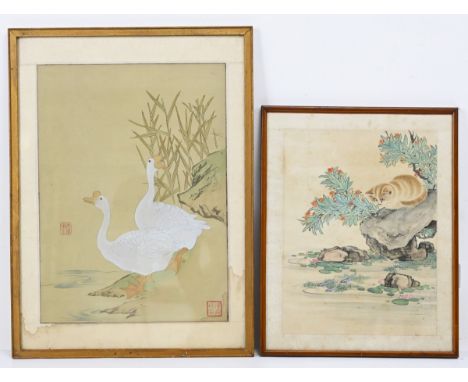 TWO VINTAGE CHINESE PAINTINGS, one of a cat watching fish, the other of two geese, both watercolour on silk, largest approx. 