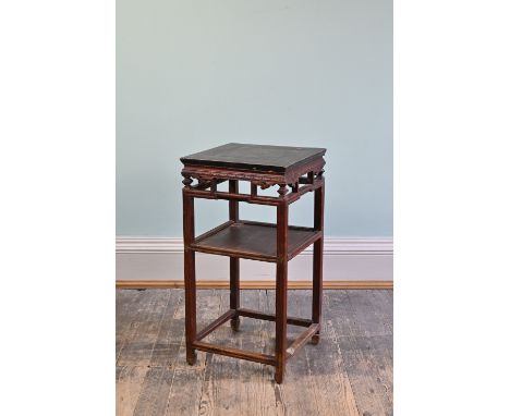 CHINESE BLACK AND RED LACQUER TWO TIER JARDINIERE STAND, 19/20TH CENTURY, of square form with black lacquer top, carved trans