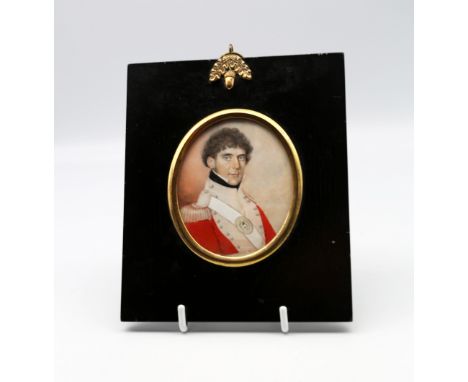 Napoleonic / Peninsular War: English School (early 19th Century) Portrait miniature of Lt Col J T Griffiths with Stag motif t