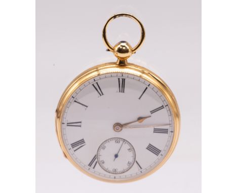 An 18ct gold open faced pocket watch, comprising a white dial with numeral indices, subsidiary at 6, case approx 48mm, gilt h