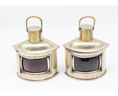 A pair of early to mid 20th century silver plated Ships lanterns, of small proportions with hinged tops opening to vacant int