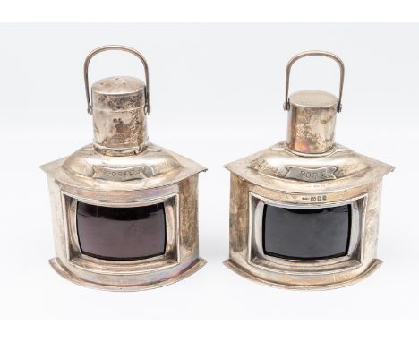 A pair of George V novelty silver Ships 'Port' lanterns, both with hinged covers, one cover second match holder section, each