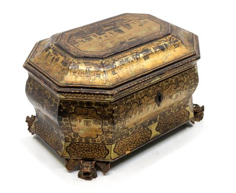 An early to mid 19th century Chinese lacquered wood tea caddy of casket shape with elaborate chinoiseries and figural design,