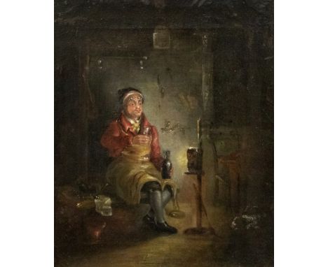 English School (18th Century) Night interior scene with seated craftsman drinking wine  oil on canvas, 29 x 24cm, inscribed i