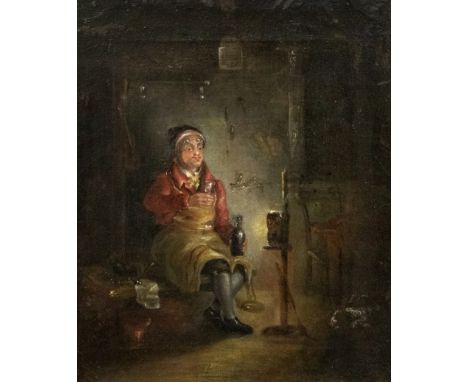 English School (18th Century) Night interior scene with seated craftsman drinking wine  oil on canvas, 29 x 24cm, inscribed i