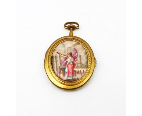 An 18th Century gilt metal oval locket fob, the cover inset with enamel plaque depicting a Classical Goddess, the reverse wit