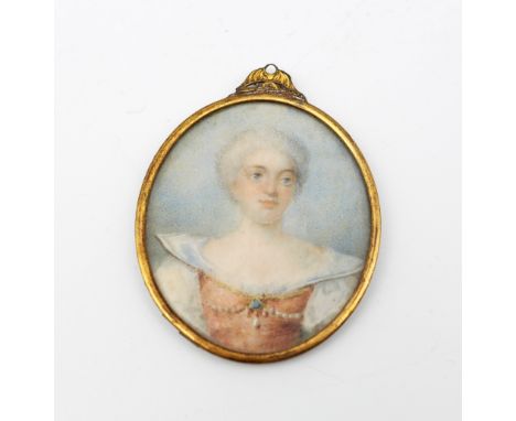 French School (18th Century) Portrait miniature of a Noblewoman with pearl embellishments to dress and hair  oval on card, 5 