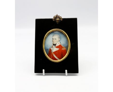 Napoleonic / Peninsular War: English School (early 19th Century) Portrait miniature of an Officer, red tunic with plain brass