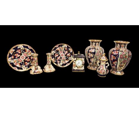 A small collection of late 20th century Masons Ironstone 'Penang' patterned pieces to include; mantel clock, a pair of candle