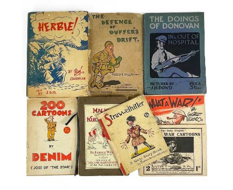Eight humorous works on WWI and WWII. 'The Doings of Donovan in &amp; Out of Hospital,' pictures by J. H. Dowd, pictorial boa