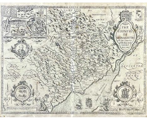 JOHN SPEED. 'The Countye of Monmouth'. Engraved map, inset town plan of Monmouth, large strapwork cartouche and mileage scale