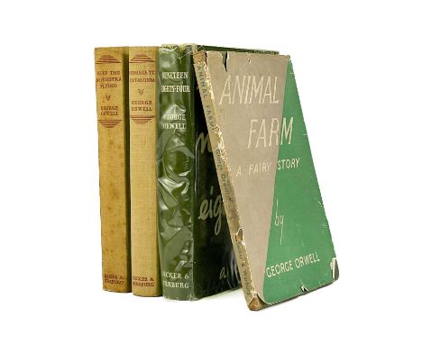 George Orwell 'Animal Farm,' early reprint, rubbed original cloth, loss and tears to unclipped dj, light sporadic spotting, M