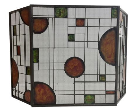 Contemporary metal fire screen, geometric design decorated with orange and green finish panelsDimensions: Height:&nbsp;75cm&n