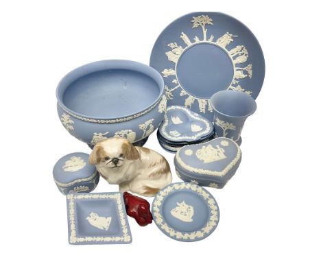 Royal Doulton flambe duck, Royal Copenhagen dog and a collection of Wedgwood Jasperware 