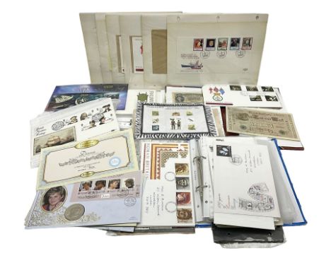 Collection of first day covers, three presentation coins and bank notes