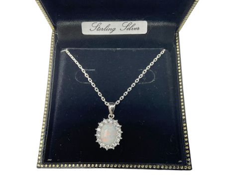 Silver opal and cubic zirconia cluster pendant necklace, stamped 925, boxed 