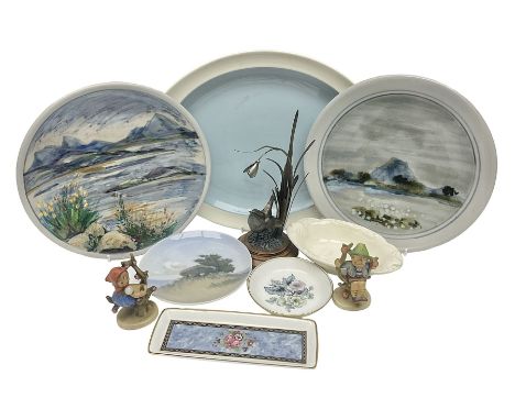 Two Highland Stoneware painted plates, together with Wedgwood serving plate, Royal Copenhagen dish etc 