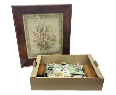 Floral tapestry in a mahogany frame, large collection of cigarette cards, framed tapestry, small microscope and a wooden corr