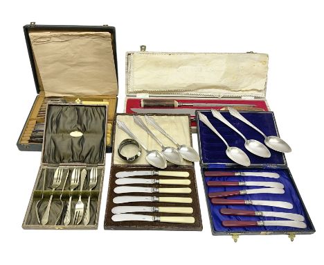 Cased antler handled carving set, other cased cutlery, WMF set of spoons; and WMF napkin ring