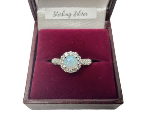 Silver opal and cubic zirconia cluster ring, stamped 925, boxed