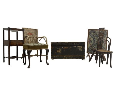 Late 19th to early 20th century pine trunk W91cm pokerwork spinning stool fire screen 1970s wicker chair and childs bentwood 