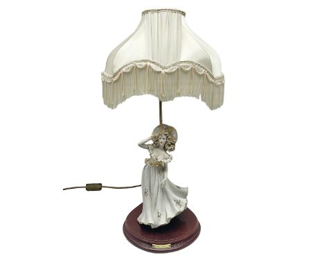 Capodimonte figural table lamp, signed Vittorio Sabadin, with fabric tassel shade, H59cm