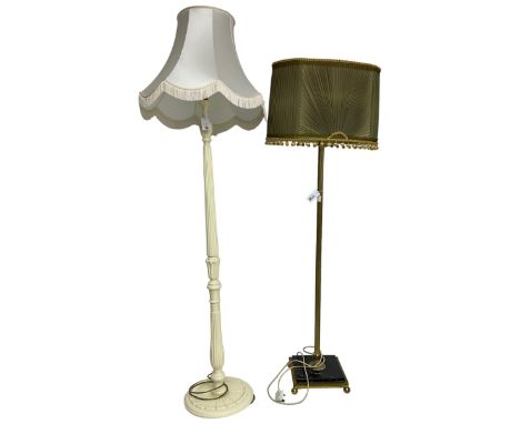 Italian design gilt metal standard lamp, corinthian capital over reeded column, on square marble base, with matching olive gr