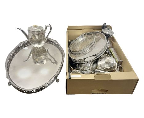 Large silver plate tray, four piece EPNS tea service, with wooden finials, together with another EPNS tea service, Allerton B