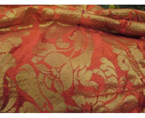 Two pairs of interlined red damask curtains, 6ft drops approx  