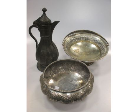A 900 standard bowl on 3 feet, Indian christening cup in box, a buckle and various plated wares  