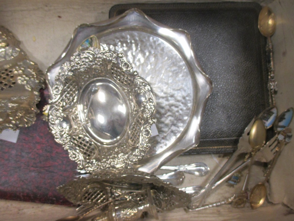 A collection of silver plated items including standing dishes, cutlery