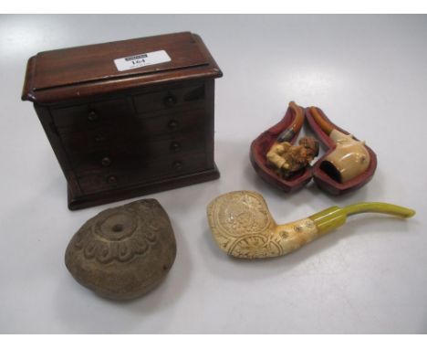 Two Leslie Ray wax profiles of Victora and Albert, miniature chest-of-drawers money box, a meerschaum pipe, ancient earthenwa