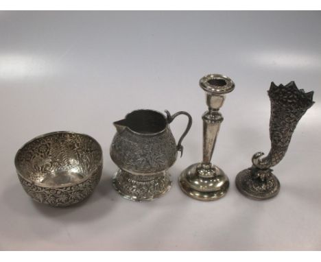 Three items of continental silver - a jug, a bowl and a vase 9.3ozt gross together with a loaded silver candlestick (4)  