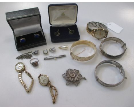 A collection of silver jewellery including two pair of cufflinks and two bangles, a gold plated bangle and a 9ct gold gentlem