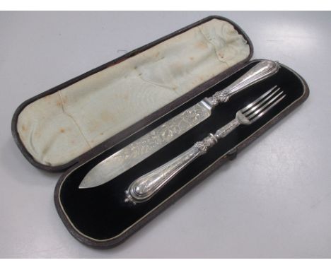 A cased silver serving knife and fork  