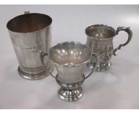 A Victorian silver christening cup, a silver two handled cup and a silver small beer mug, 11.1ozt gross (3)  