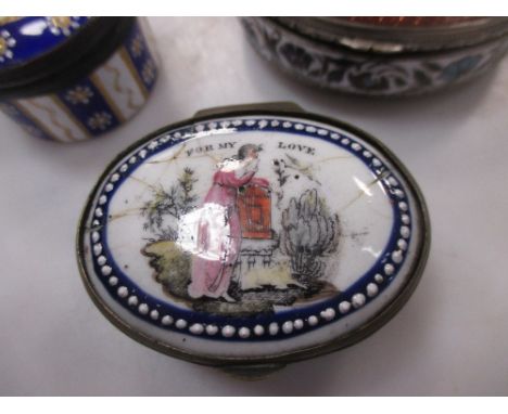 Three 19th century enamel patch boxes, a 19th century tortoiseshell oval snuff box with yellow metal cartouche and another (5