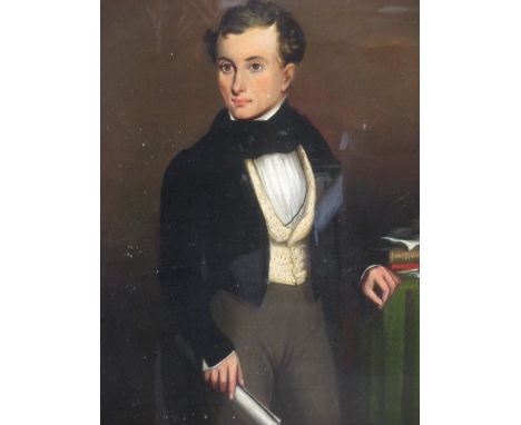Scottish Provincial School, 19th Century, Portrait of the young George Scott, standing, in a library,with family lineage note