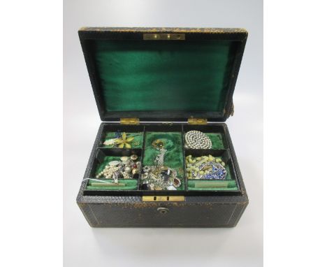 A jewellery box containing a quantity of costume jewellery, together with a single stone opal ring marked '9ct'  