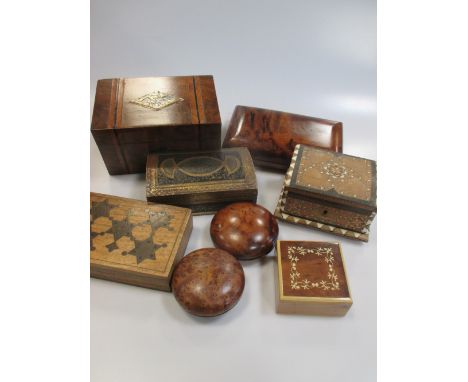 A collection of wooden boxes to include tea caddy, writing desk etc  