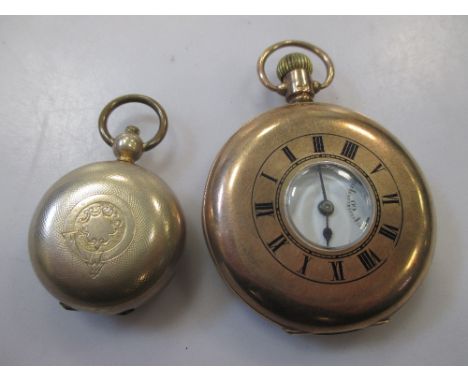 A 9ct gold pocket watch, the enamel dial for Saqui and Lawrence, London together with a gold plated sovereign case (2)  