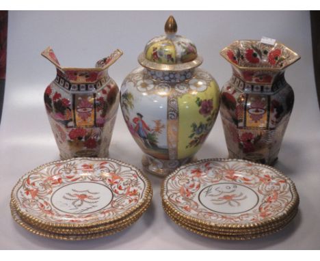 An Augustus Rex style porcelain vase, a pair of late Worcester lidded vases, a pair of imari vases and eight Spode side plate