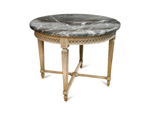 A Louis XVI style circular marble top table, painted grey with a blind fret carved frieze, on square tapering and fluted stre