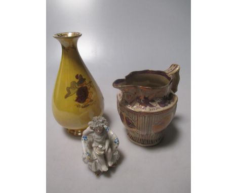 Collection of china and glass, including Continental figurines, 5 decanters (chipped), Bunnykins 4 piece set, cribbage board,