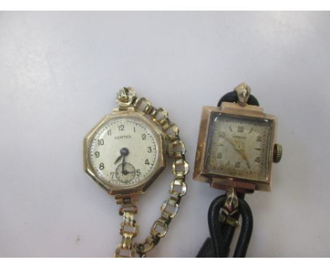 Two 9ct gold lady's wristwatches, one on a leather strap, the other on a gold plated bracelet  