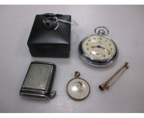 A sapphire cluster ring, a 'handbag' watch, plated locket and horn shape pin  
