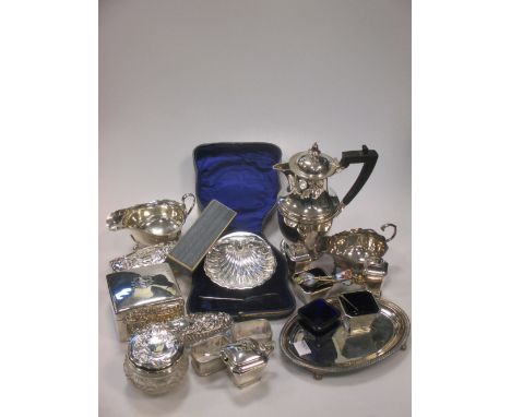 An early 20th century silver backed dressing table set together with various small silver, two 19th century treen pipe holder